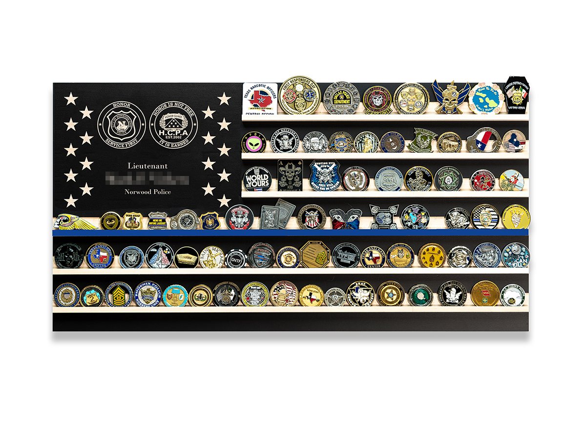Finished personalized Valor Board filled with challenge coins