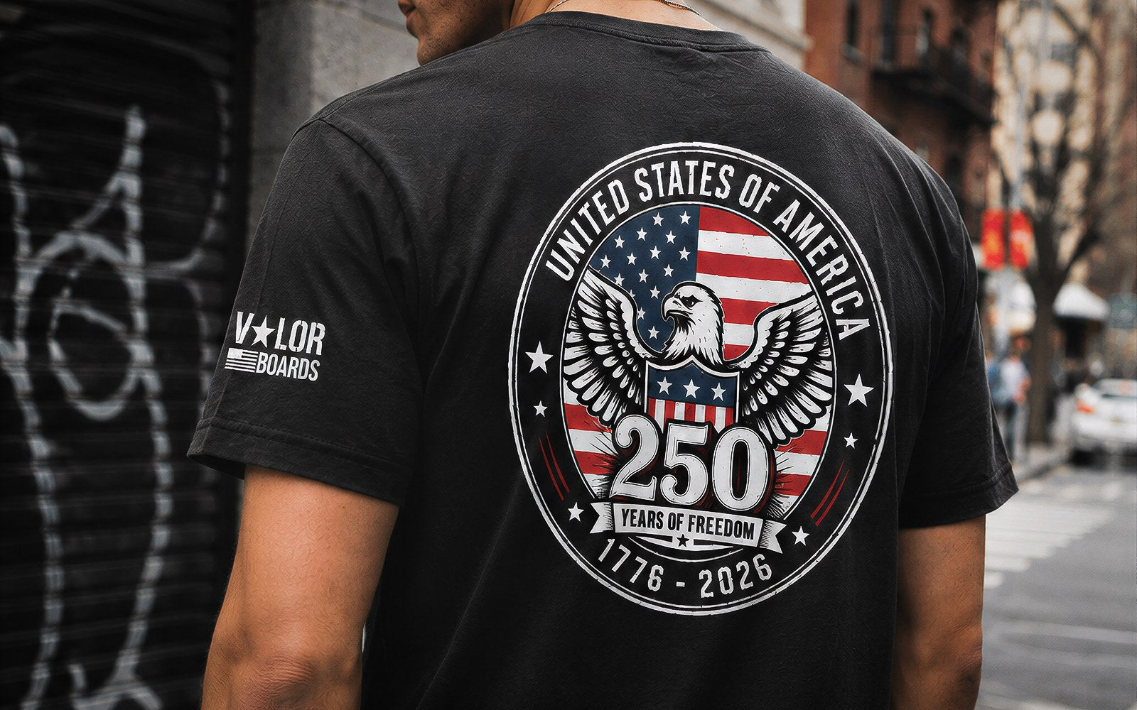 Valor Boards black t-shirt with patriotic back design